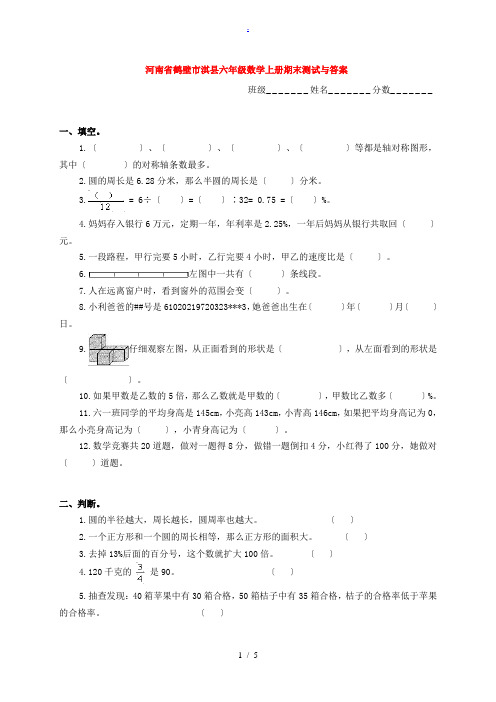 河南省鹤壁市淇县六年级数学上学期期末测试 试题