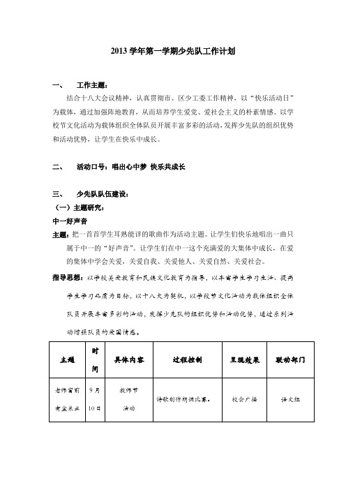 2013学年第一学期少先队工作计划