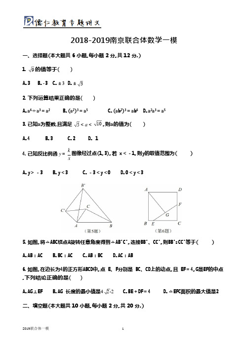 2018-2019南京市九年级联合体数学一模试卷(可编辑修改word版)