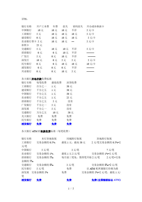 各银行详细收费清单