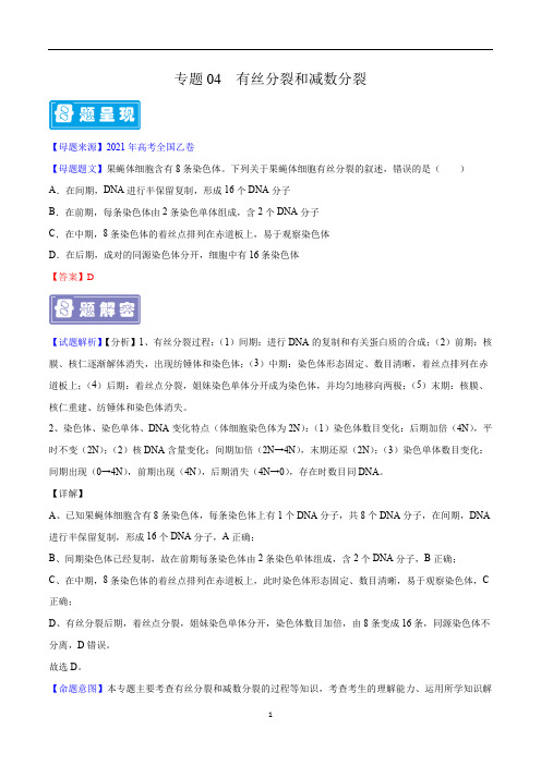 专题04 有丝分裂和减数分裂-备战2022年高考生物母题题源解密(全国通用)(原卷版)