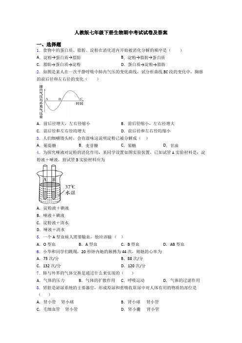 人教版七年级下册生物期中考试试卷及答案