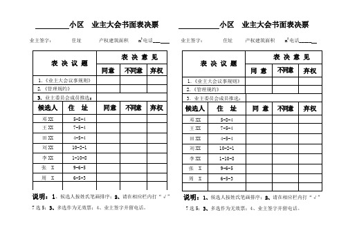 小区业主大会书面表决票