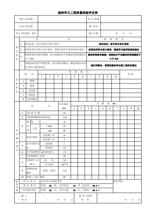 砖砌单元工程质量检验评定表