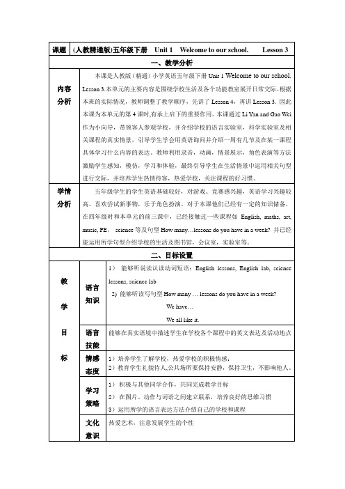 人教精通版英语5下教案lesson3