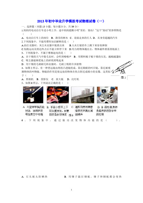 2013年初中毕业升学模拟考试物理试卷(一)