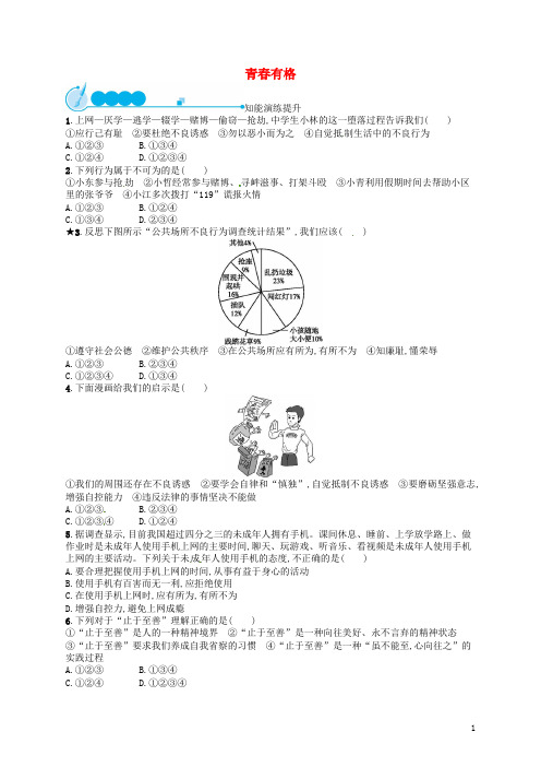 七年级道德与法治下册第一单元青春时光第三课青春的证明第2框青春有格练习新人教版