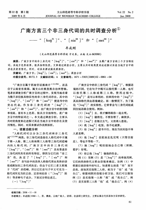 广南方言三个非三身代词的共时调查分析——“[koη 31]”、“[nia 44]”和“[mei 44]”