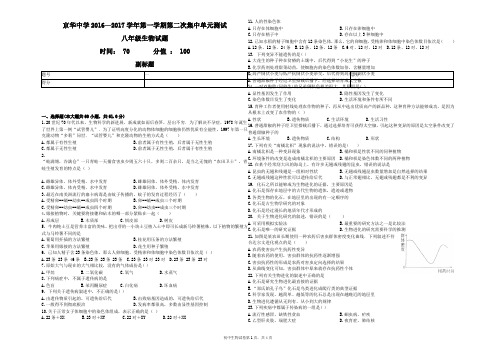 京华中学2016—2017学年第一学期第二次集中单元测试 八年级生物试题 55时间： 70       分值 ： 100