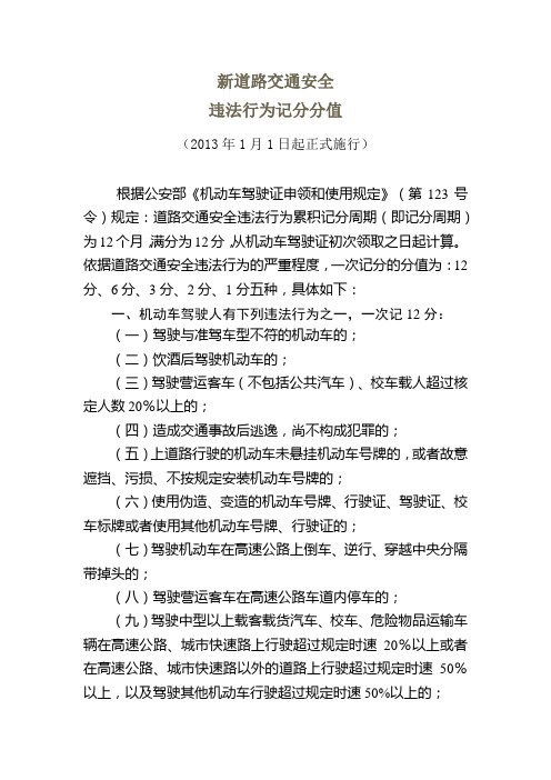 新道路交通安全违法行为记分分值