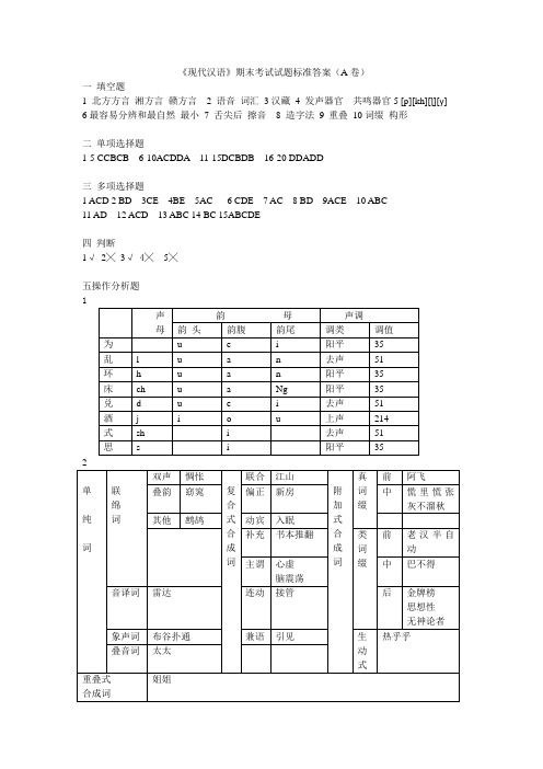 现代汉语期末考试试题标准答案(A卷)