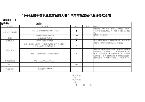 2016中职 汽车运用与维修 车轮定位评分标准汇总表(正式赛卷)