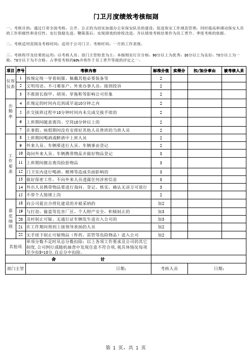 门卫月度绩效考核表