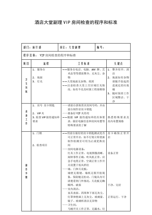 酒店大堂副理VIP房间检查的程序和标准