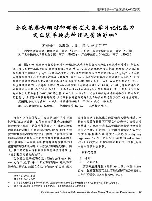 合欢花总黄酮对抑郁模型大鼠学习记忆能力及血浆单胺类神经递质的影响