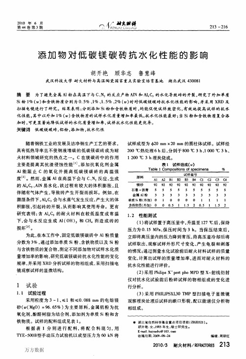 添加物对低碳镁碳砖抗水化性能的影响