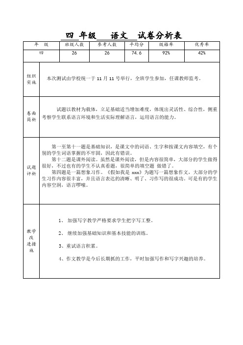 四 年级   语文  试卷分析表