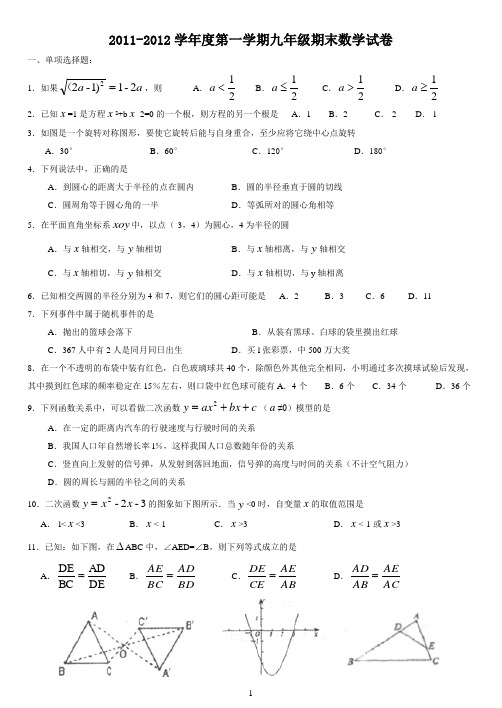 2011-2012学年度第一学期九年级期末数学