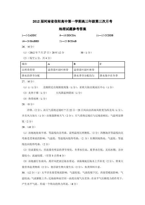 河南省信阳高中第一学期高三年级第三次月考地理试题参考答案