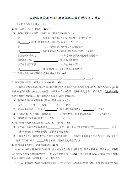 安徽省当涂县2016届九年级毕业班联考语文试题(原卷版)