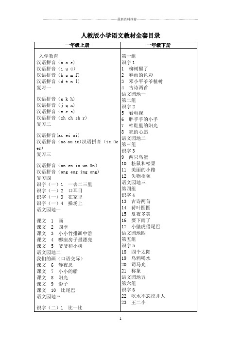 人教版小学语文教材全套目录精编版