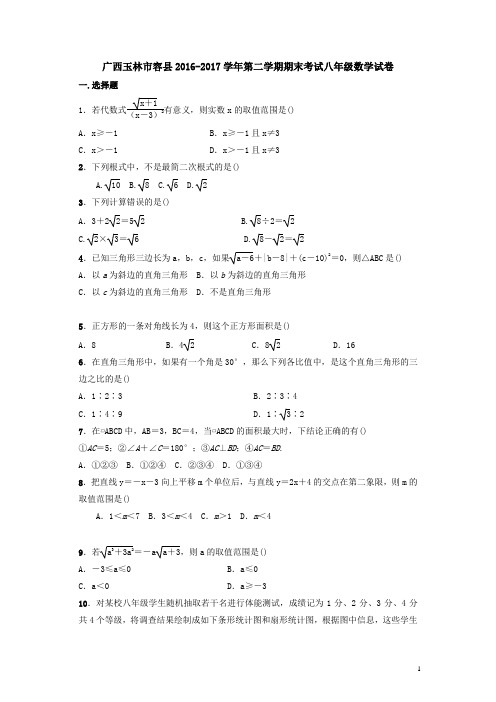 广西玉林市容县八年级下期末考试数学试题及答案