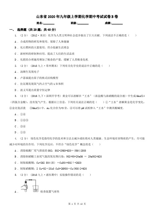 山东省2020年九年级上学期化学期中考试试卷B卷