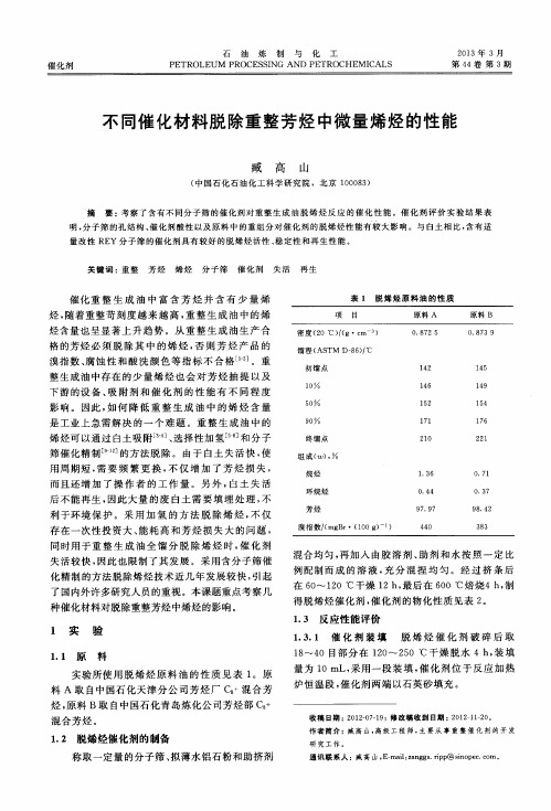 不同催化材料脱除重整芳烃中微量烯烃的性能