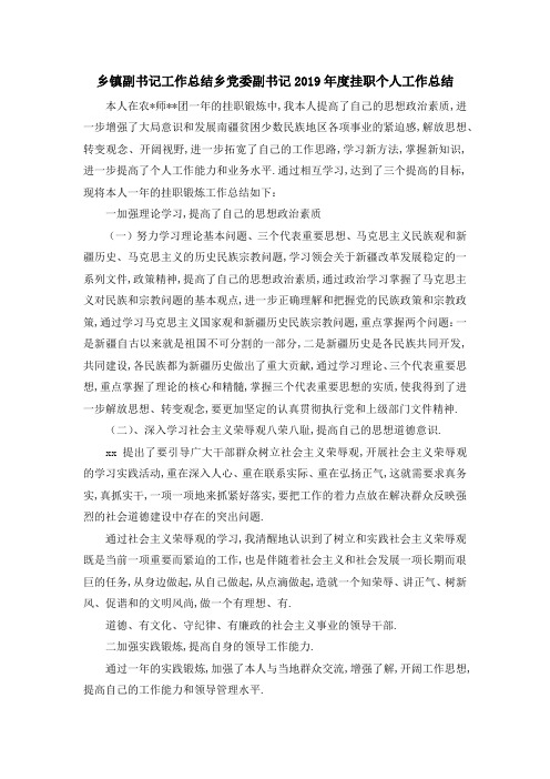 乡镇副书记工作总结 乡党委副书记2019年度挂职个人工作总结 精品