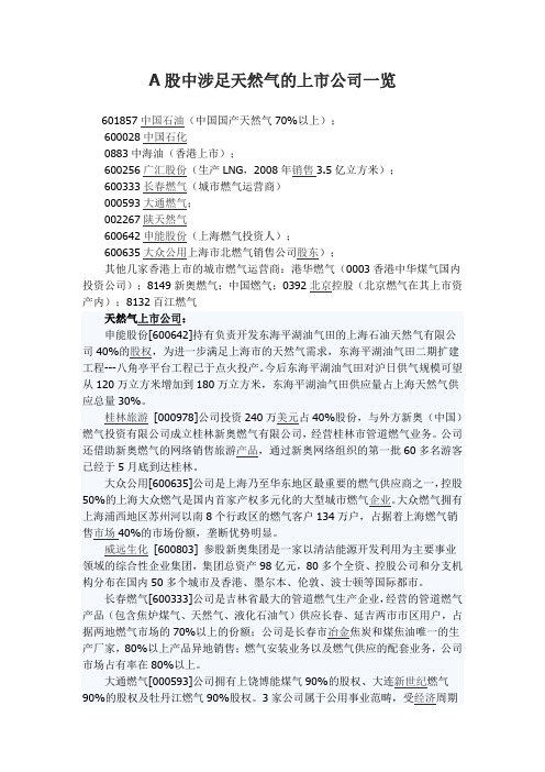 A股中涉足天然气的上市公司一览
