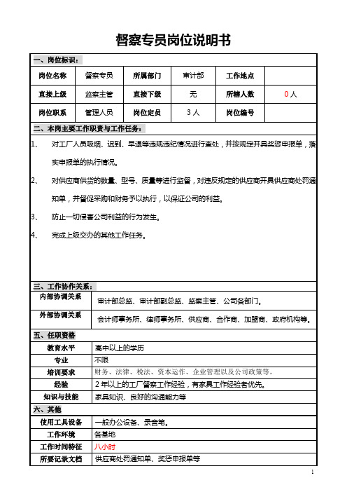 XX股份公司督察专员岗位说明书