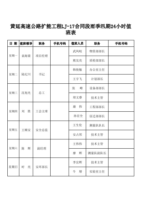 雨季汛期24小时值班表