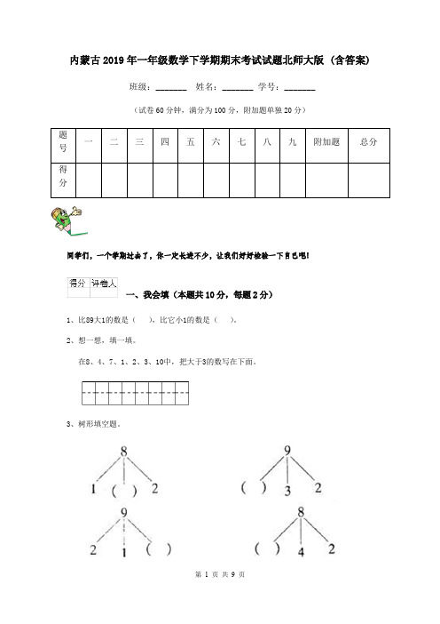 内蒙古2019年一年级数学下学期期末考试试题北师大版 (含答案)