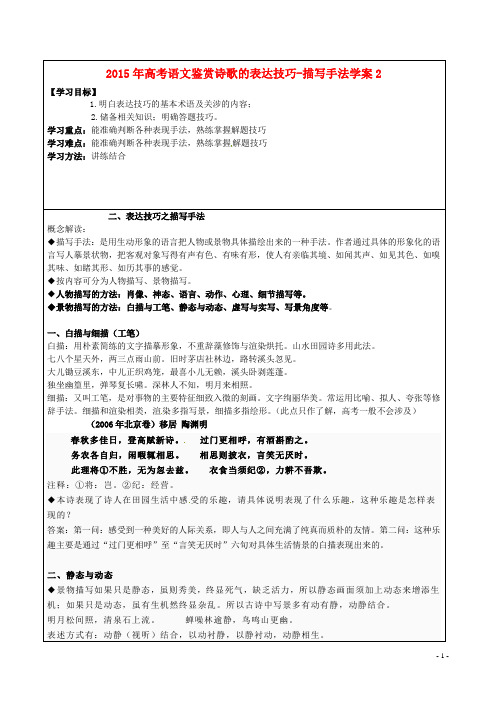 江苏省徐州市睢宁县宁海外国语学校高考语文专题复习 鉴赏诗歌的表达技巧描写手法学案