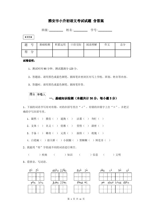 雅安市小升初语文考试试题 含答案