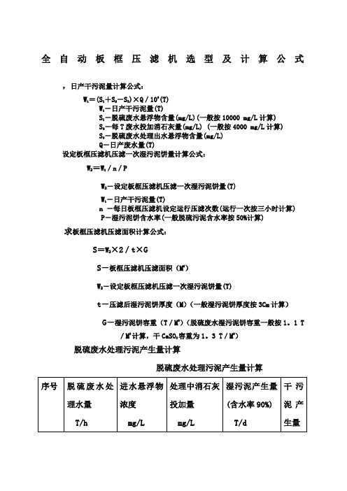 脱硫废水全自动板框压滤机选型及计算公式