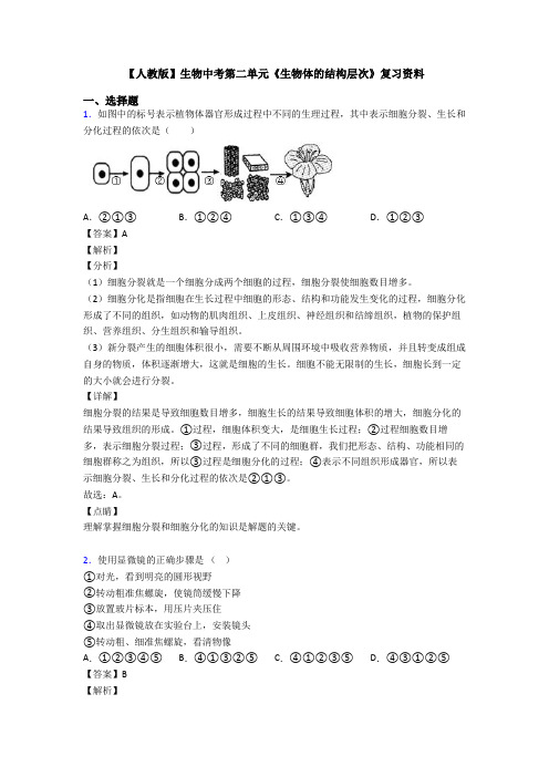 【人教版】生物中考第二单元《生物体的结构层次》复习资料