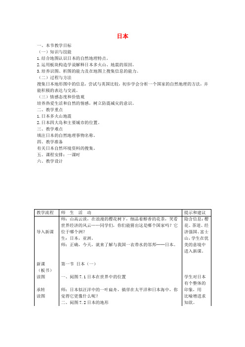 七年级地理下册 第八章 认识国家 第一节 日本教案 (新版)湘教版
