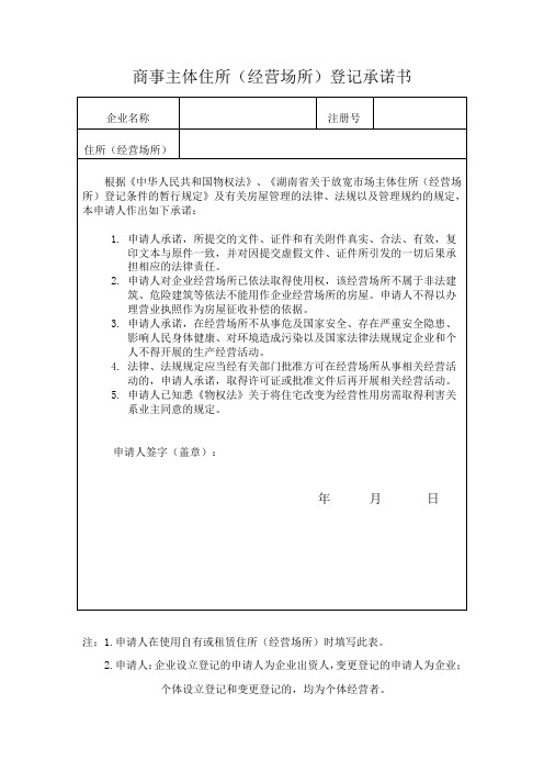 商事主体住所(经营场所)登记承诺书