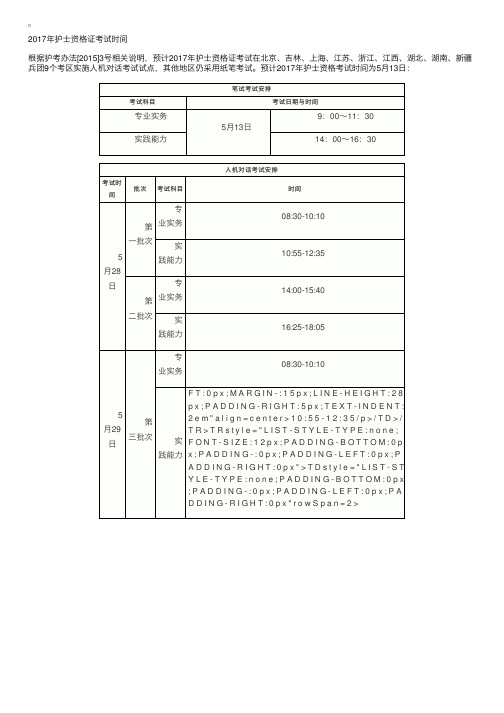 2017年全国护士资格证考试时间安排