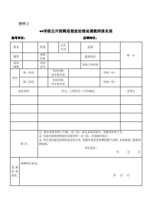 XX学院公开招聘思想政治理论课教师报名表【模板】