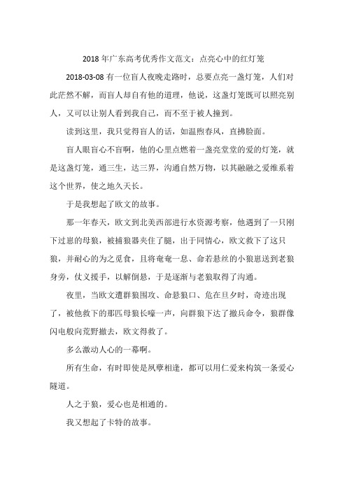 2018年广东高考优秀作文范文：点亮心中的红灯笼