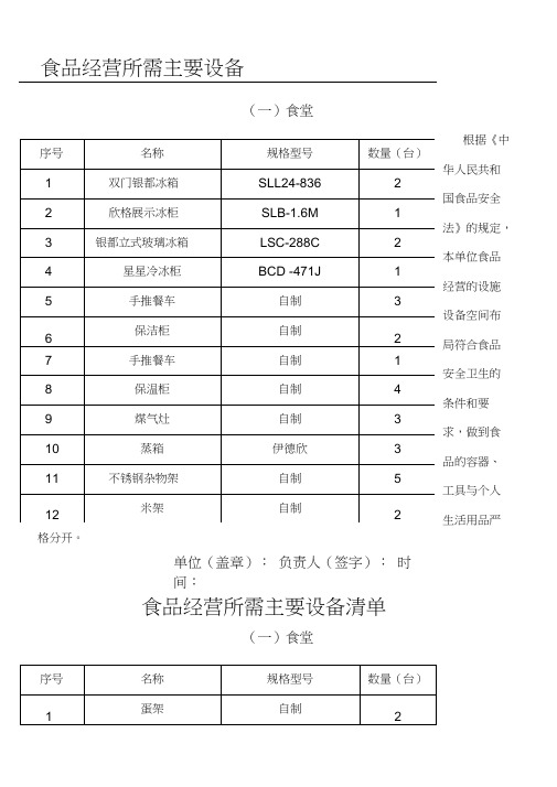 餐饮许可证食品经营所需主要设备清单