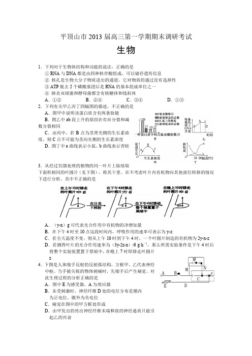 河南省平顶山市2013届高三上学期期末调研考试生物试题Word版含答案