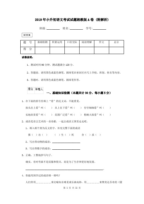 2019年小升初语文考试试题湘教版A卷 (附解析)