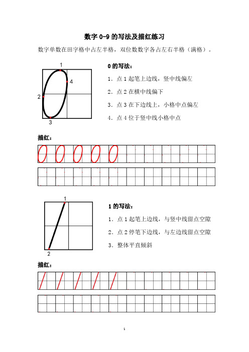 数字0-9的写法及描红练习