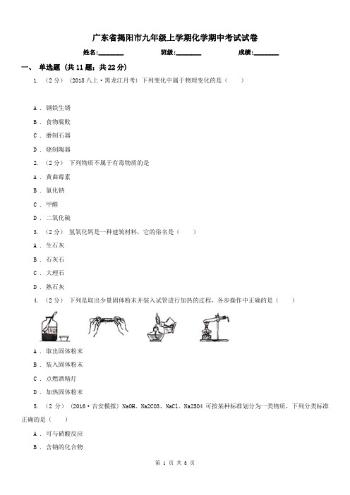 广东省揭阳市九年级上学期化学期中考试试卷