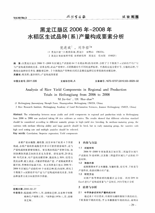 黑龙江垦区2006年～2008年水稻区生试品种(系)产量构成要素分析