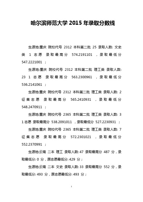 哈尔滨师范大学2015年录取分数线