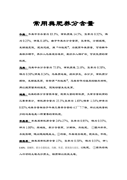 常用粪肥营养元素含量